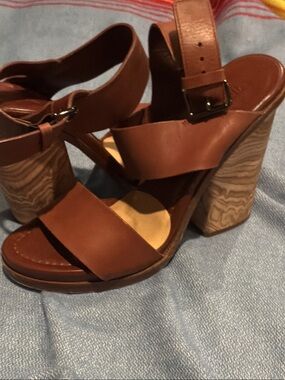 Vince Brown Leather Block Heel Sandals